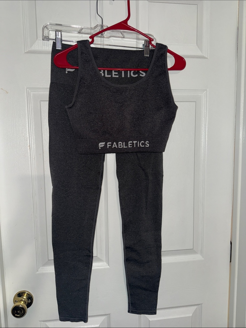 Fabletics Dark Charcoal Seamless Sports Bra and Leggings Set